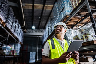 Employee working on a tablet computer in a warehouse.