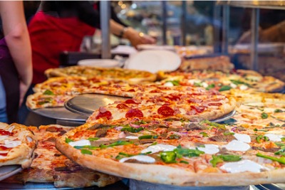 A variety of Halal pizzas.