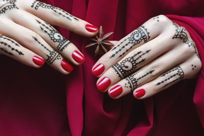Woman wearing henna and Halal nail polish.
