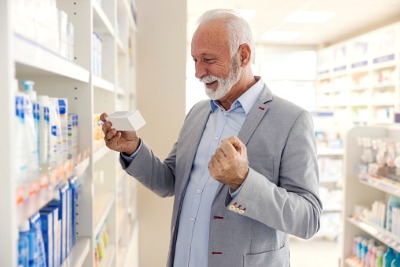 An old man choosing his trusted Halal product from shelf.